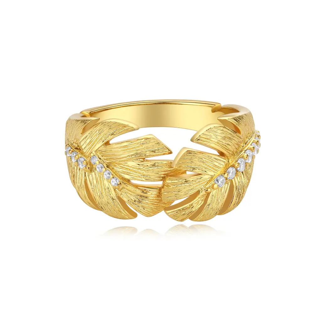 Textured Palm Leaf Open CZ Statement Ring (925 Sterling Silver Base 18K Gold Plated)