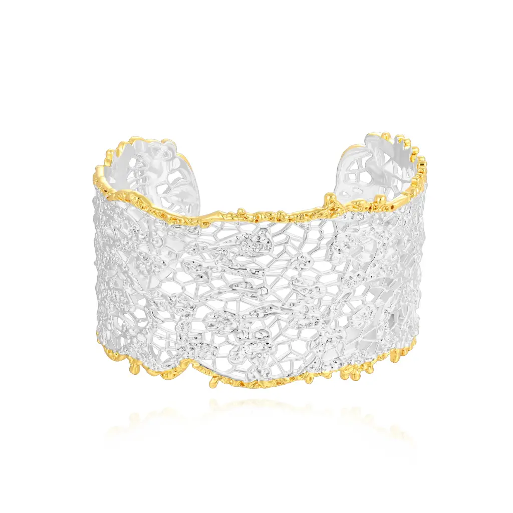 Two‑Tone Lace Filigree Wide Cuff Bangle (925 Sterling Silver Base)