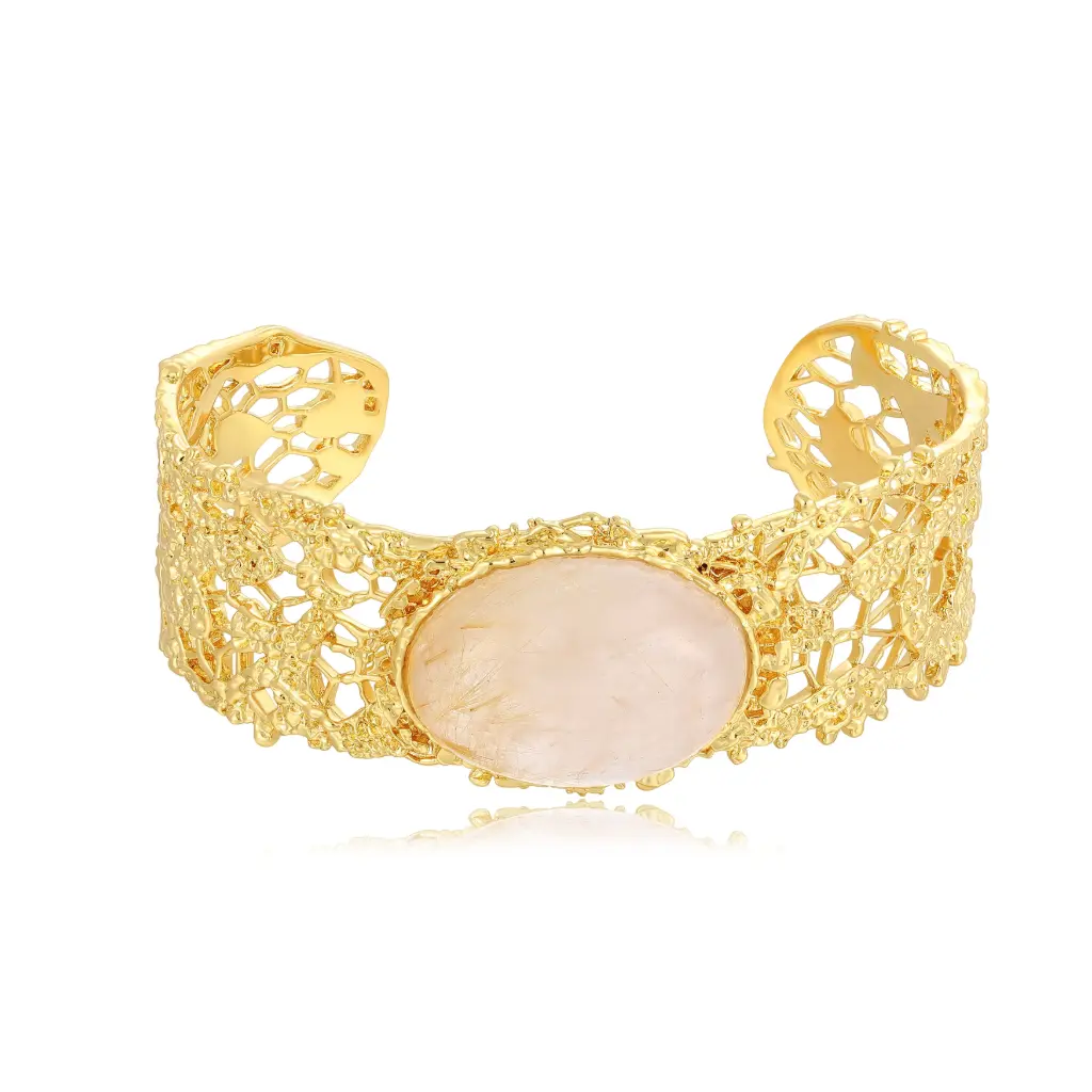Oval Rutilated Quartz Lace Filigree Wide Cuff Bangle (925 Sterling Silver Base 18K Gold Plated)