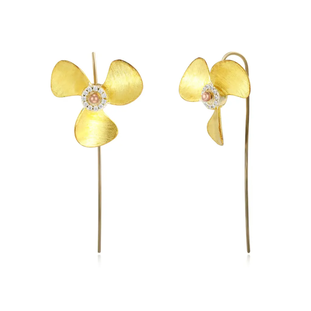 Brushed Windmill Pink Pearl CZ Threader Drop Earrings (925 Sterling Silver Base 18K Gold Plated)