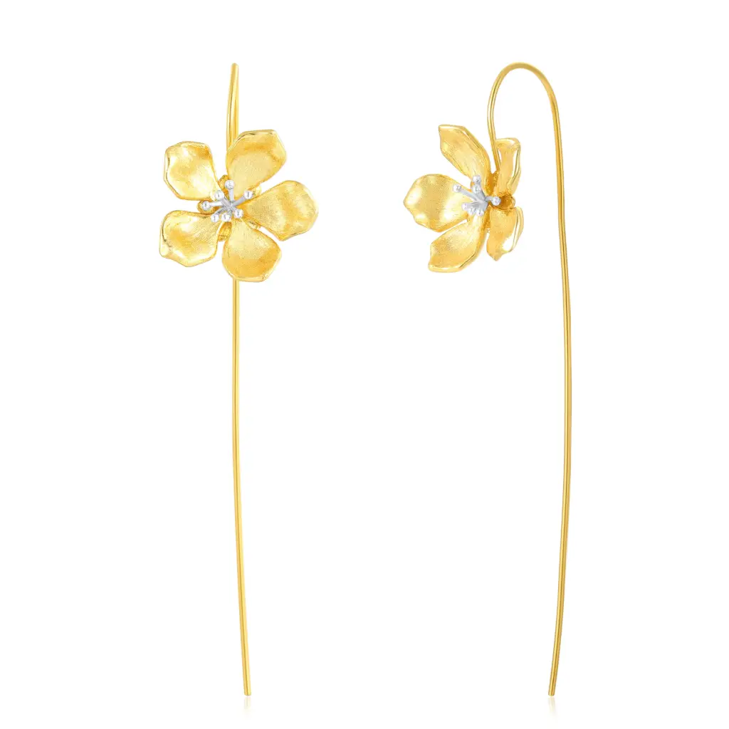 Brushed Flower Silver‑Tone Stamen Threader Drop Earrings (925 Sterling Silver Base 18K Gold Plated)