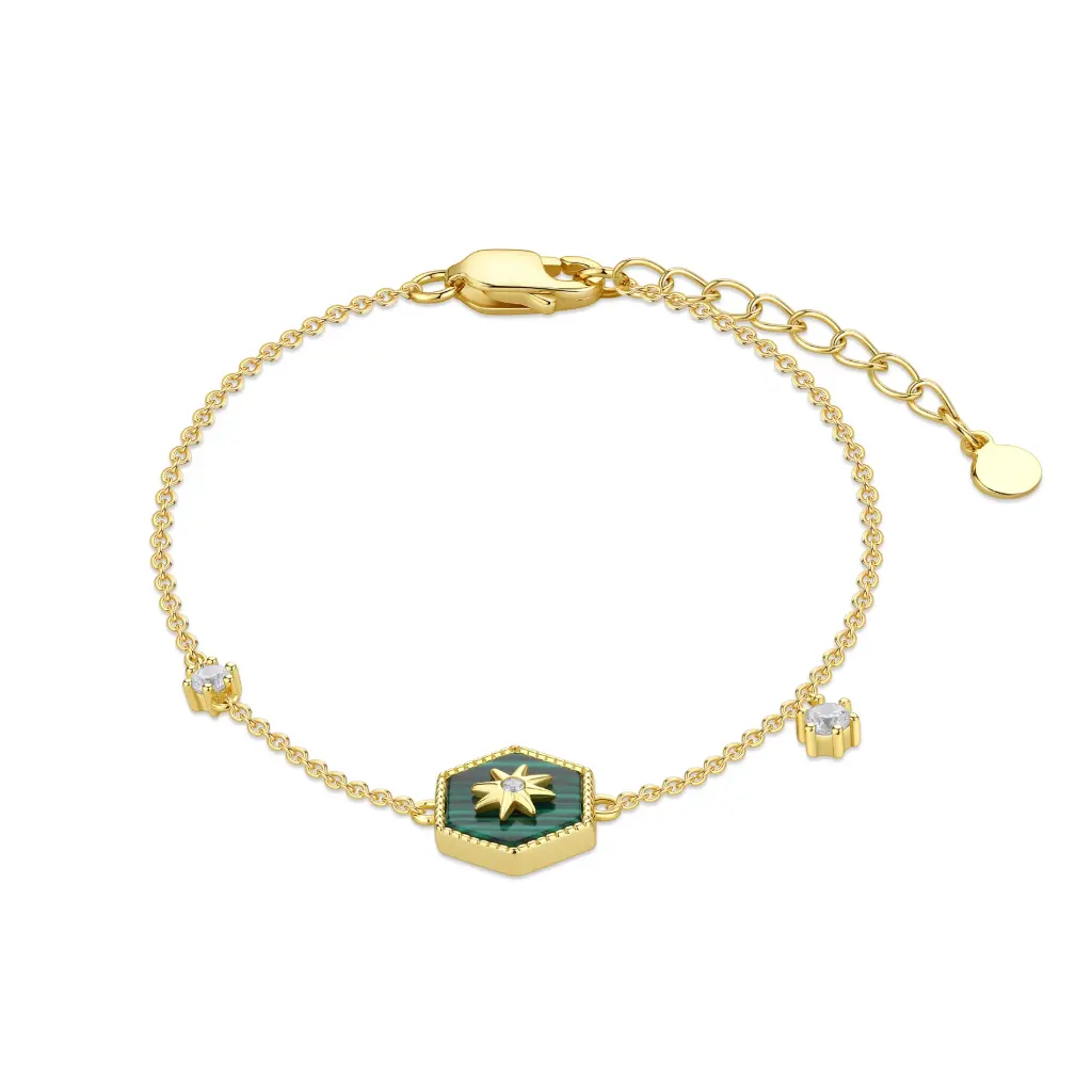 Hexagon Malachite North Star CZ Bracelet (925 Sterling Silver Base 18K Gold Plated)