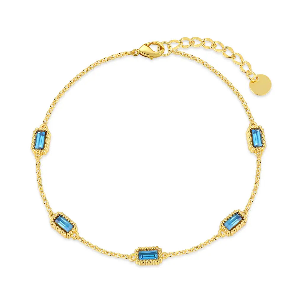 Vintage Rectangle Blue Gemstone Station Bracelet (925 Sterling Silver Base 18K Gold Plated)