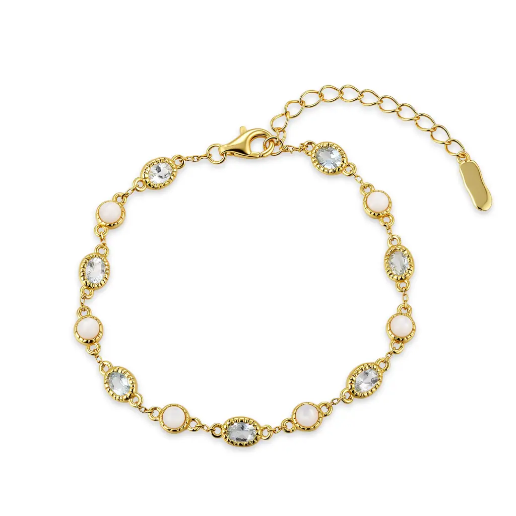 Alternating Pink Gem & Clear CZ Bezel Bracelet (925 Sterling Silver Base 18K Gold Plated)