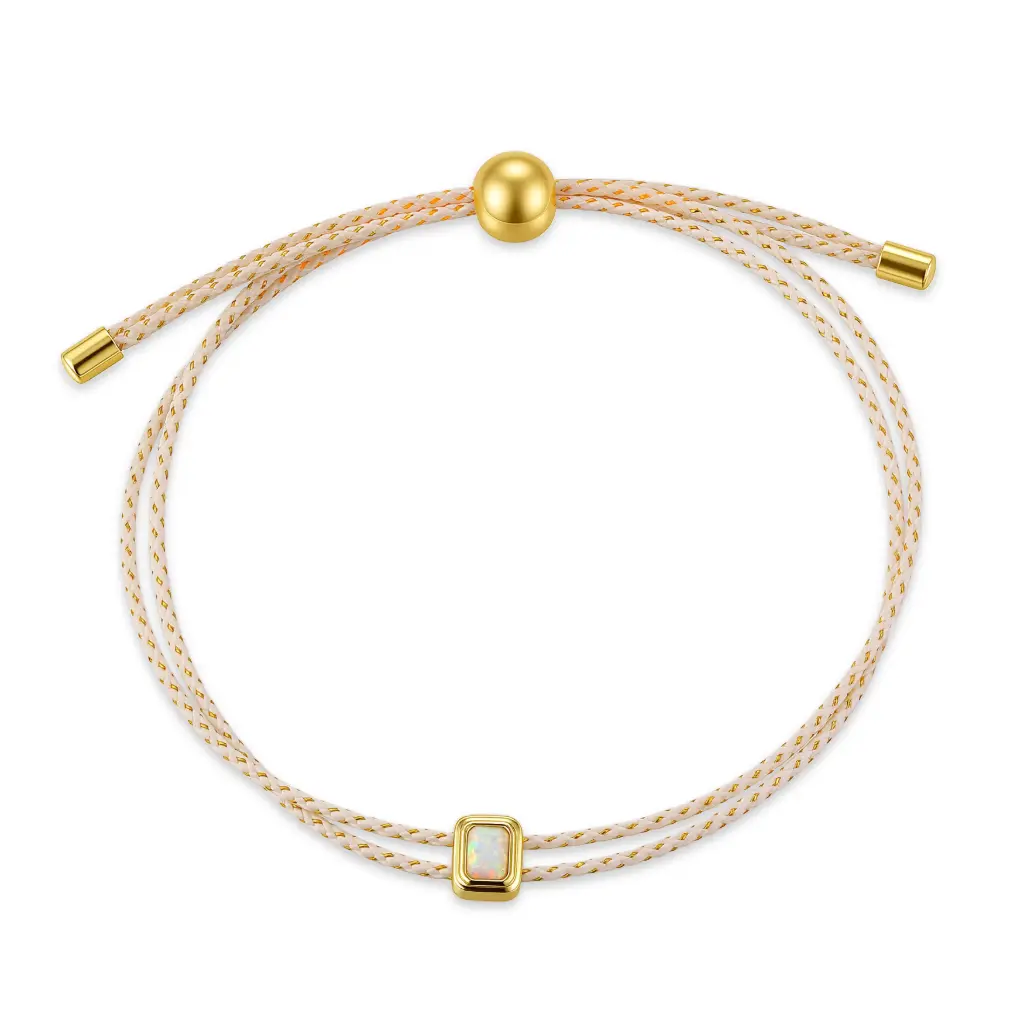 Square Opal Bezel Cord Slider Bracelet (925 Sterling Silver Base 18K Gold Plated)