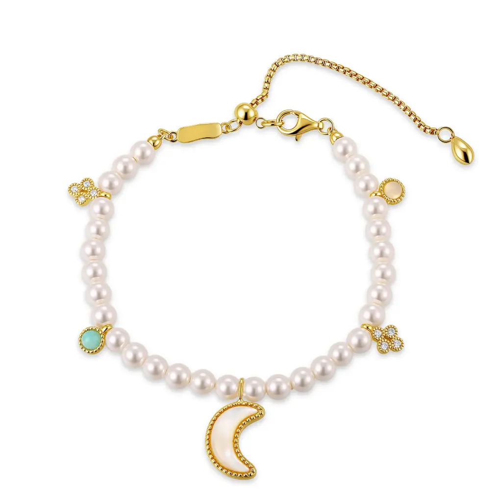 Pearl Bracelet with Mother of Pearl Moon & Butterfly Charms (925 Sterling Silver Base 18K Gold Plated)