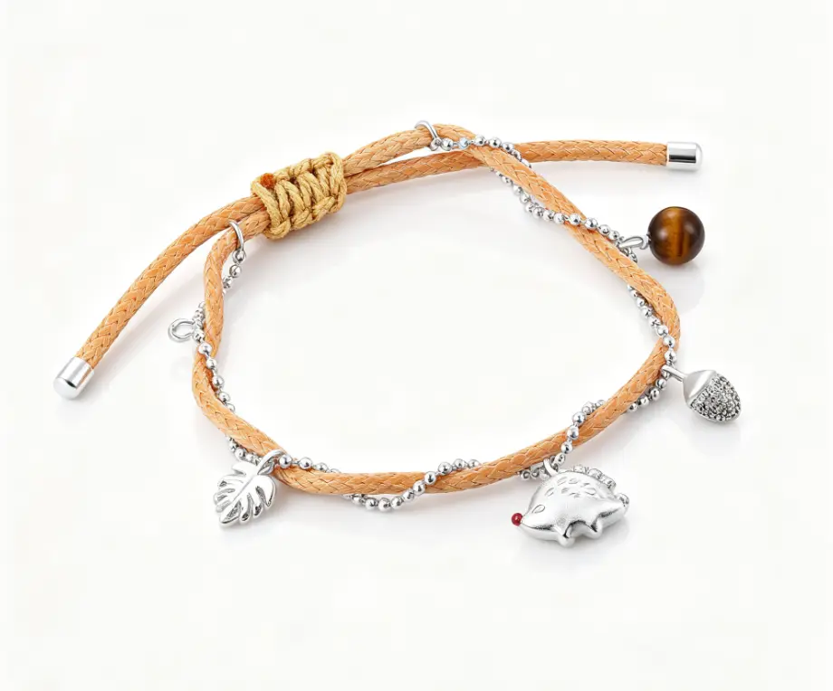 Hedgehog Nature Charm Double Layer Slider Bracelet (925 Sterling Silver Base Rhodium Plated)