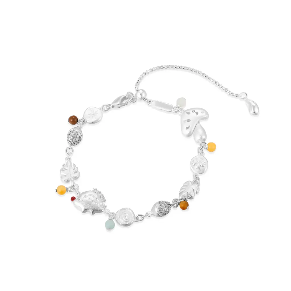 Forest Hedgehog & Mushroom Charm Bracelet (925 Sterling Silver Base Rhodium Plated)