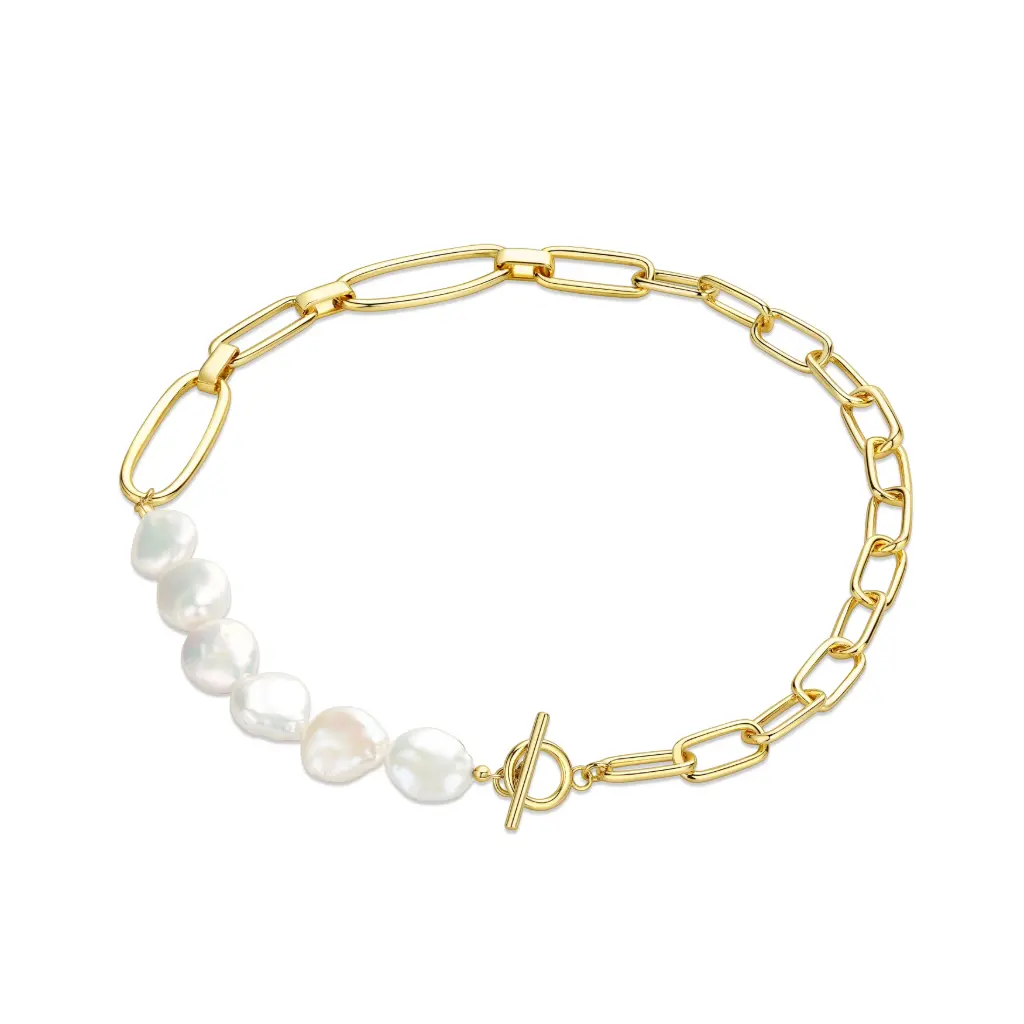 Baroque Pearl Paperclip Chain Toggle Bracelet (925 Sterling Silver Base 18K Gold Plated)
