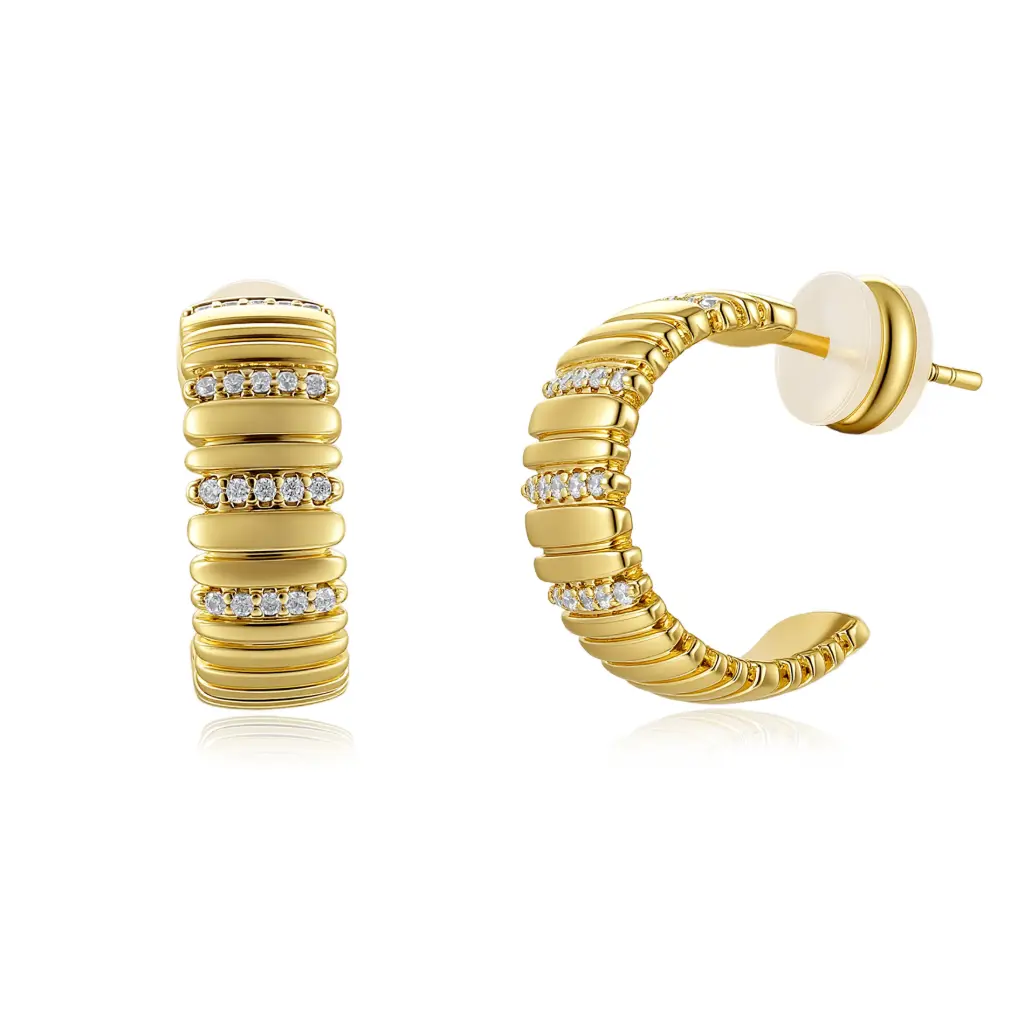 Ribbed C-Shaped Crystal Hoop Earrings (Brass Base 18K Gold Plated)