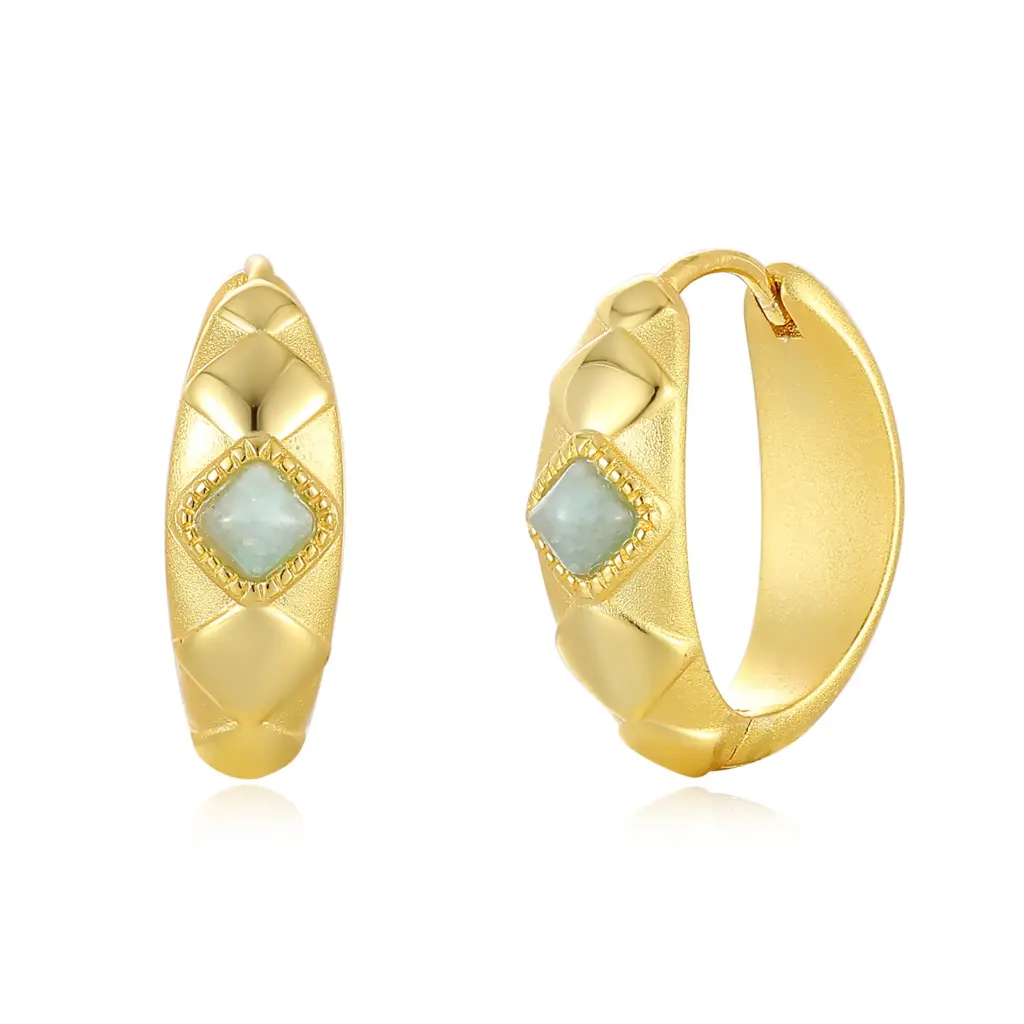 Square Green Aventurine Textured Hoop Earrings (Brass Base 18K Gold Plated)