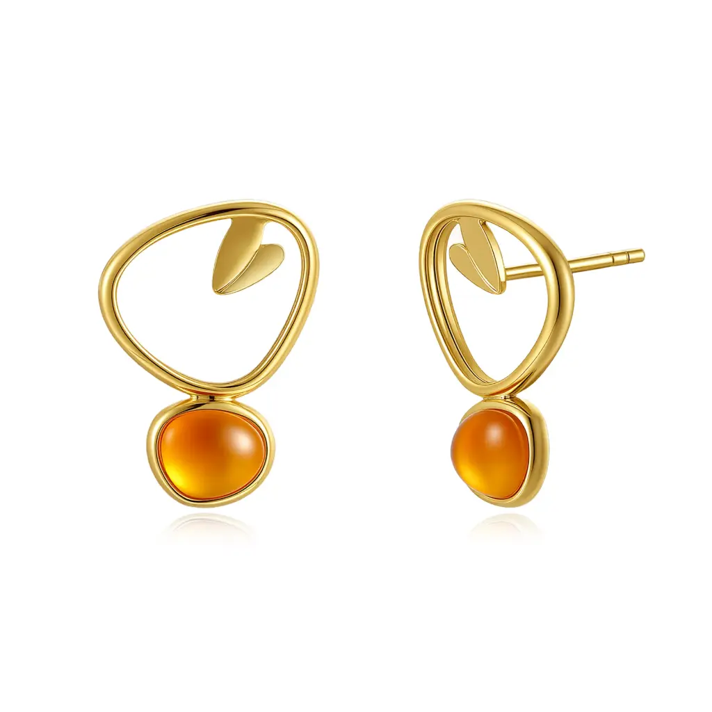 Irregular Open Frame Amber Drop Stud Earrings (Brass Base 18K Gold Plated)