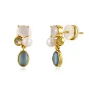 Mixed Gemstone & Pearl Cluster Drop Stud Earrings (Brass Base 18K Gold Plated)