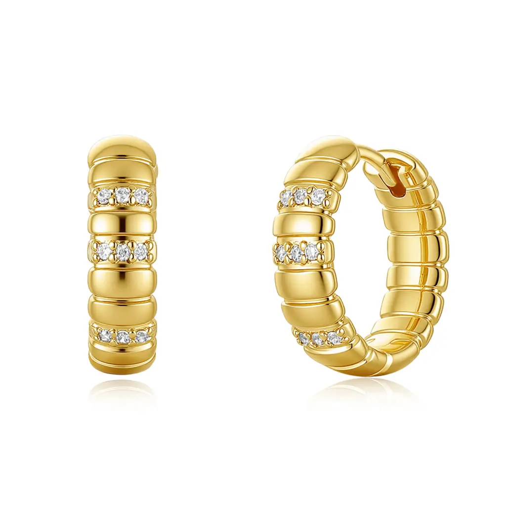 Ribbed Pave CZ Chunky Hoop Earrings (Brass Base 18K Gold Plated)
