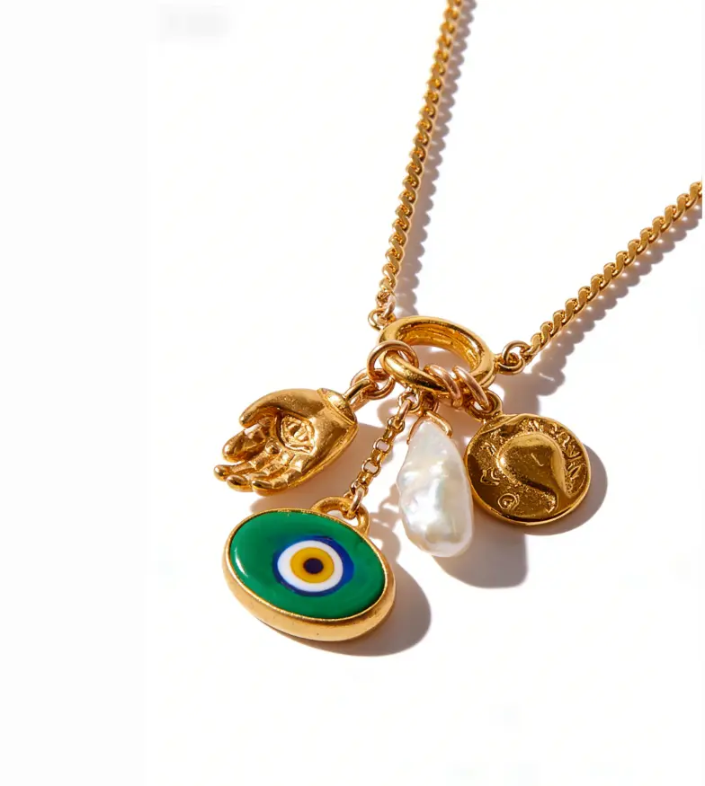 Evil Eye Hamsa Multi-Charm Necklace (316L Stainless Steel)