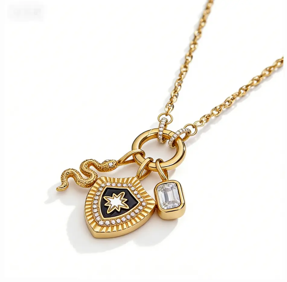 Snake & Shield Protective Charm Necklace (316L Stainless Steel)