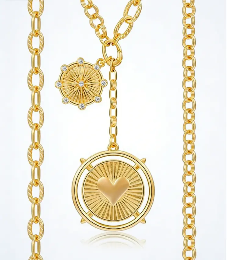 Rotating Heart Sunburst Lariat Necklace (316L Stainless Steel)