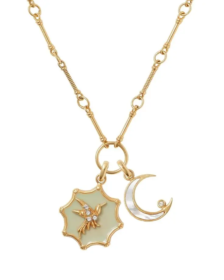 Hummingbird & Moon Enamel Charm Lariat Necklace (316L Stainless Steel)