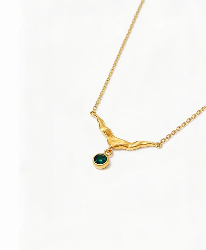 rganic Wave Emerald Solitaire Necklace (316L Stainless Steel)