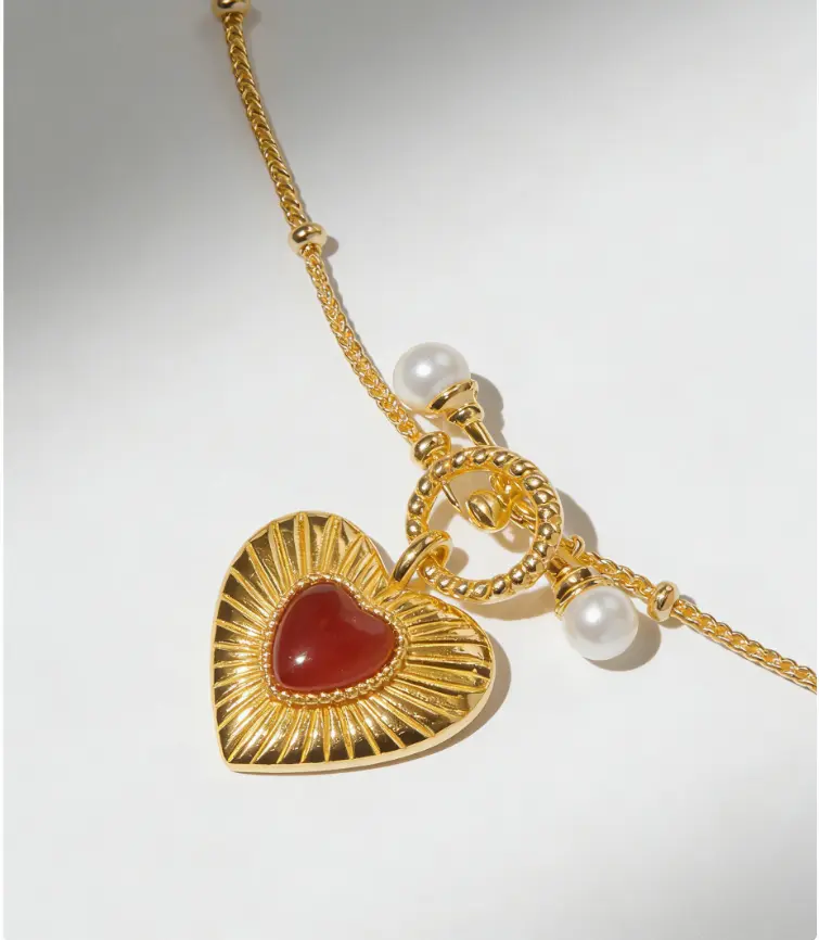 Vintage Heart Carnelian Pearl Toggle Necklace (316L Stainless Steel)