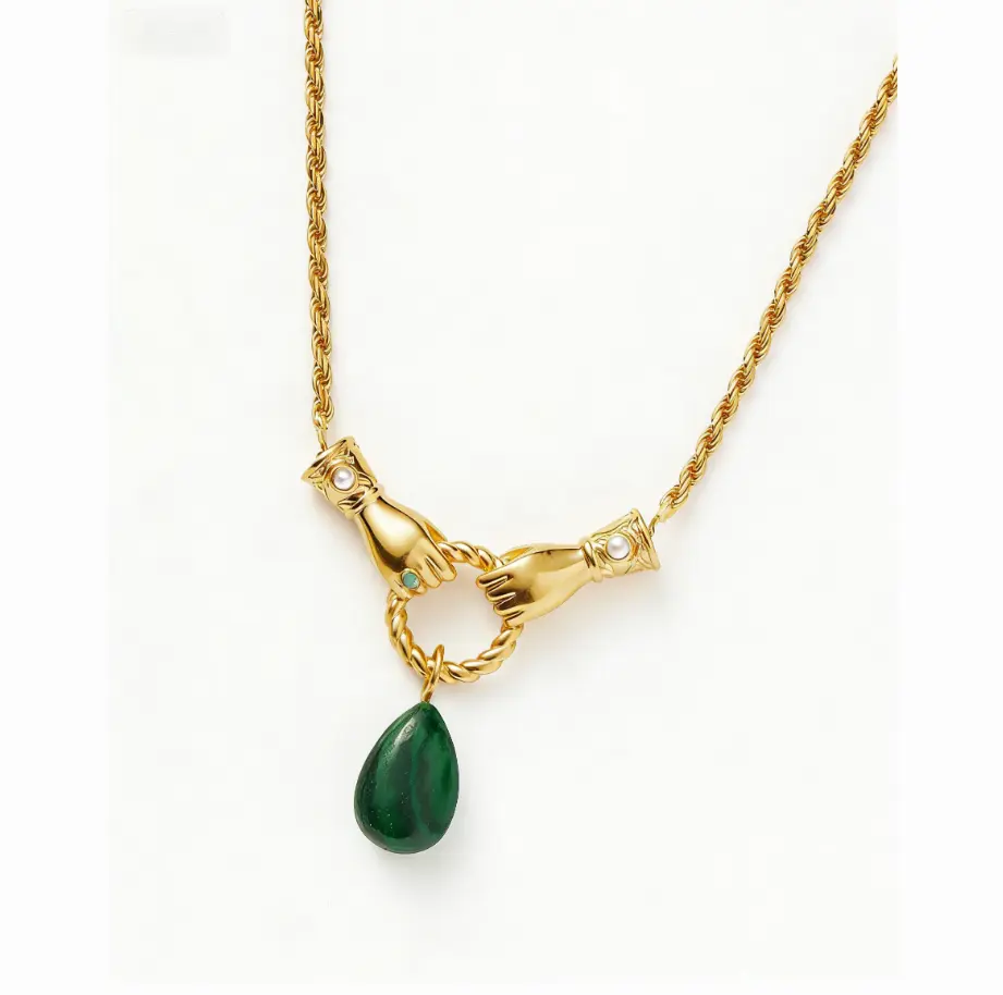 Artisan Handshake Malachite Rope Chain Necklace (316L Stainless Steel)