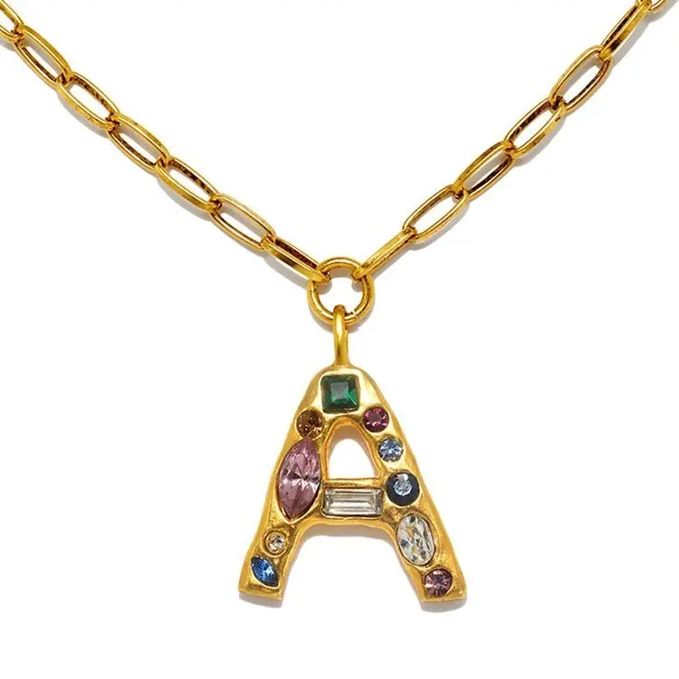 Vintage Multi-Gem Initial "A" Paperclip Chain Necklace (316L Stainless Steel)