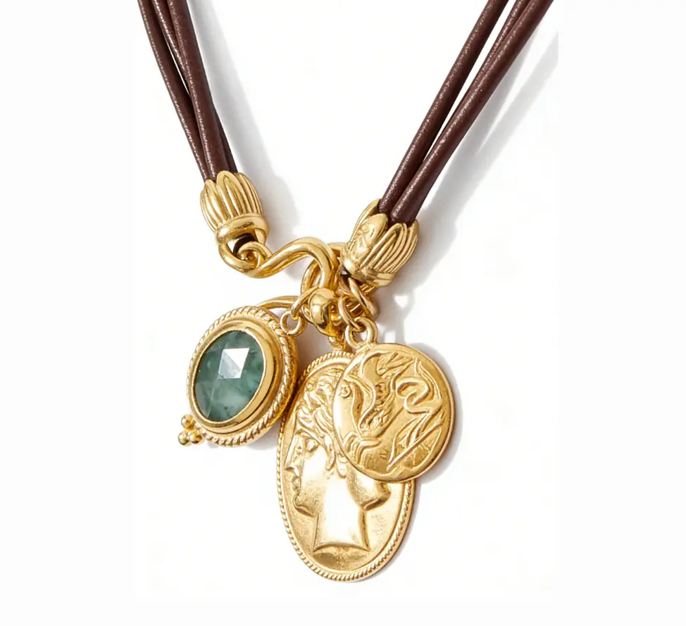 Vintage Multi-Charm Brown Leather Cord Necklace (316L Stainless Steel)